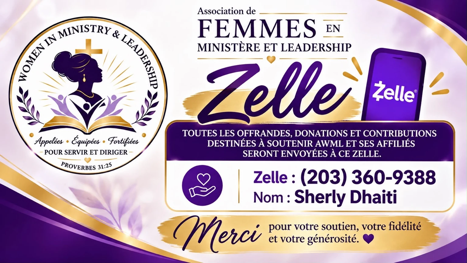 AWML Global French-language donation flyer. Zelle: (203) 360-9388. Recipient: Sherly Dhaiti. Thank you for your support and generosity.